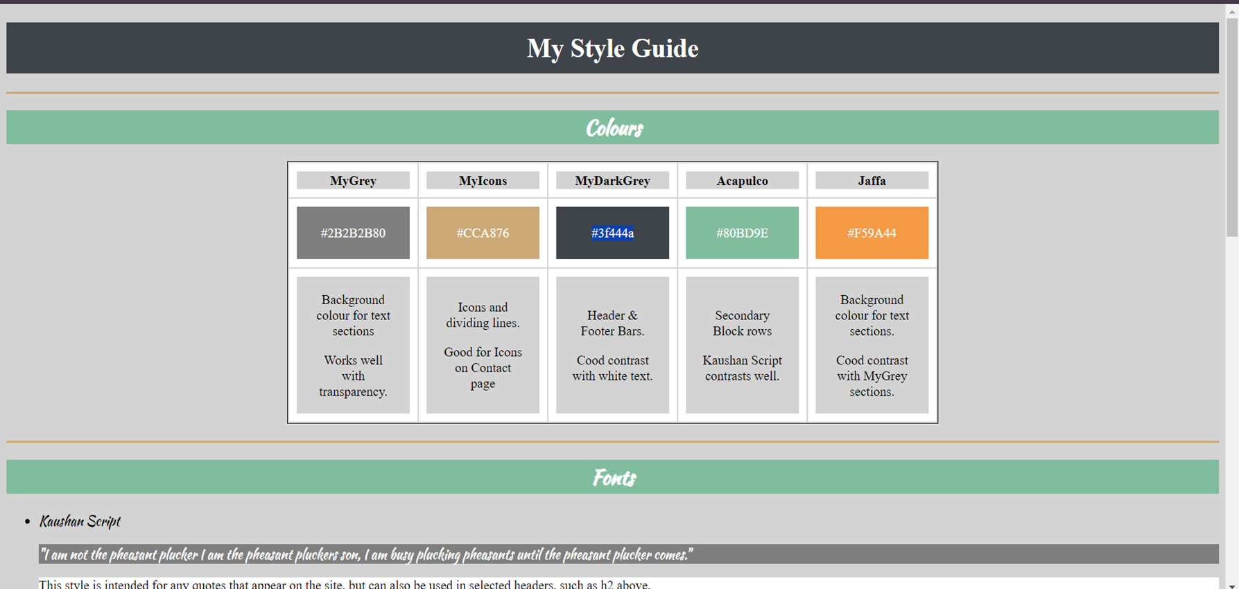 A screenshot of project one, a web site style guide